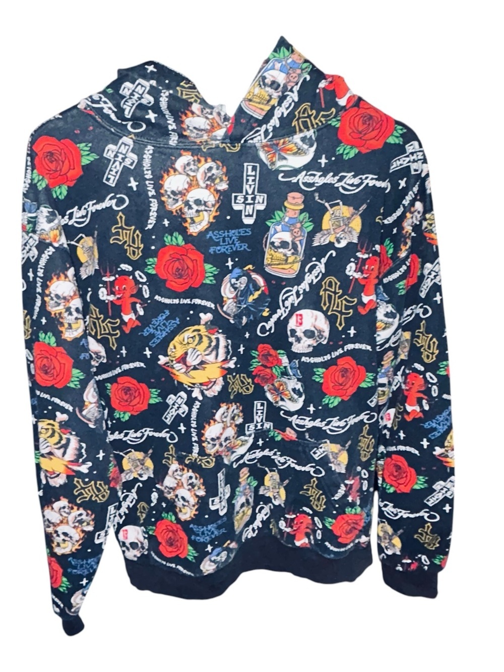 Black Graphic Hoodie with Red Rose & Skull Print by